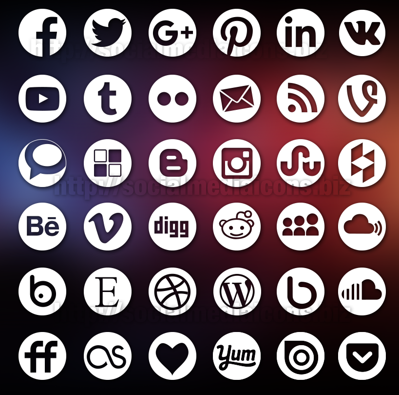 36 Round Social Media Icons White