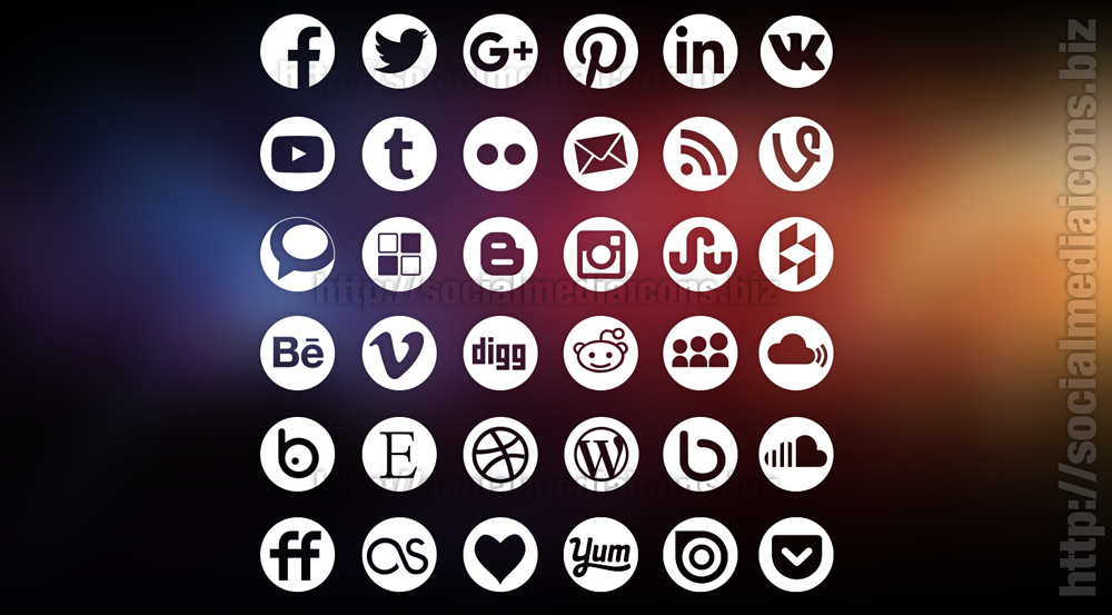 36 Round Social Media Icons White