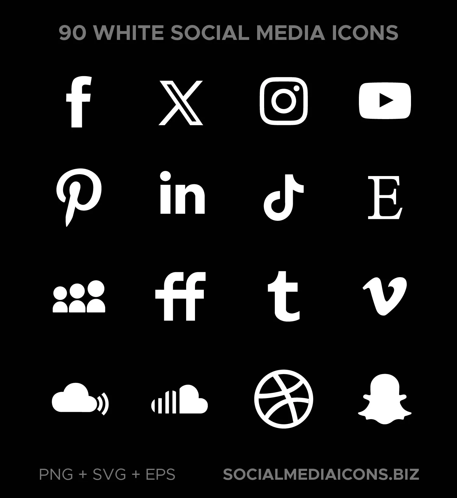 Simple white social media icon set - PNG + SVG + Vector Eps - 90 icons