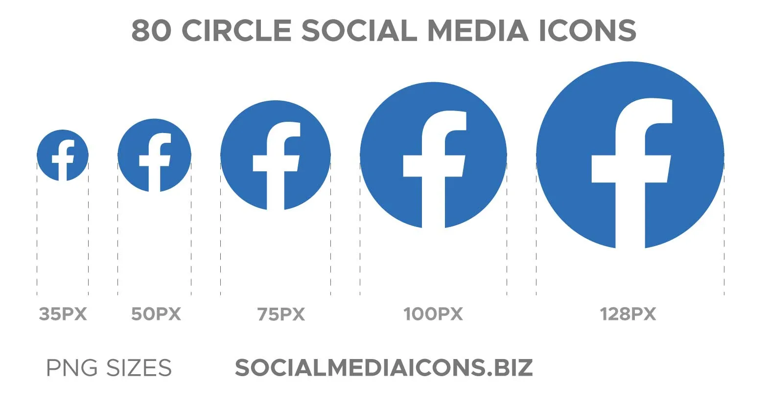 Circle social media icons in 5 png sizes